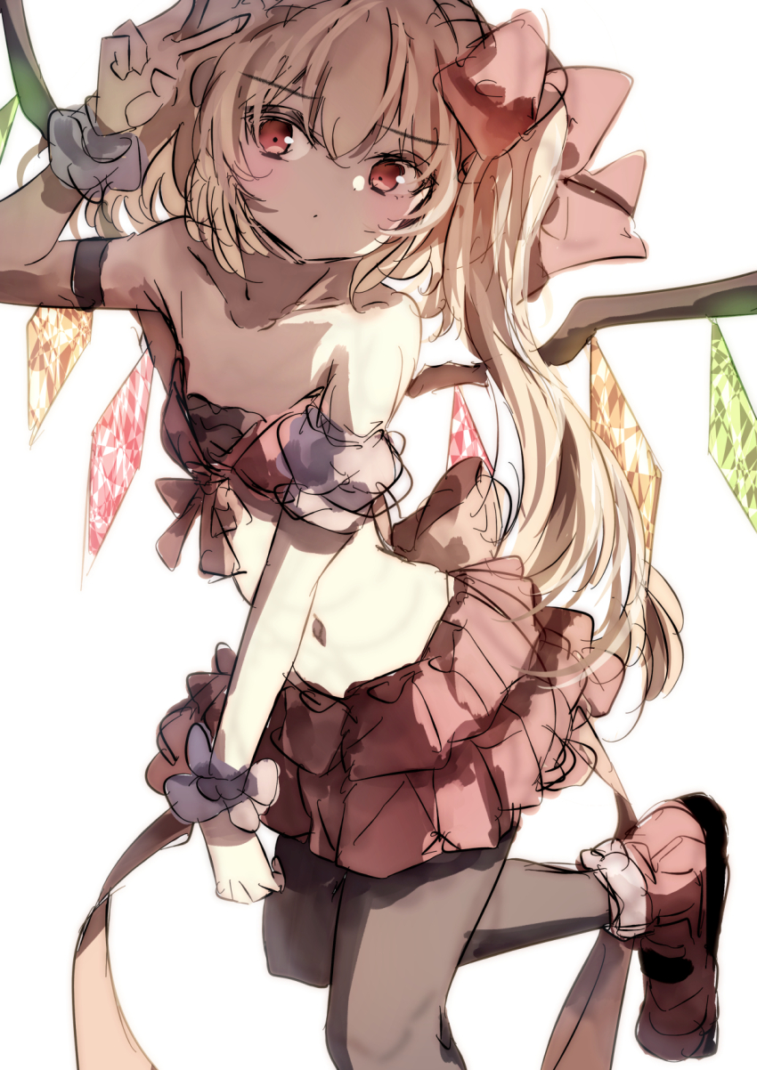 1girl alternate_costume bare_shoulders black_pantyhose blonde_hair bow breasts collarbone crystal flandre_scarlet full_body hat highres looking_at_viewer midriff miniskirt mob_cap natsume_suzuri navel pantyhose red_eyes short_hair side_ponytail simple_background skirt small_breasts solo thighhighs touhou v white_background wings wrist_cuffs