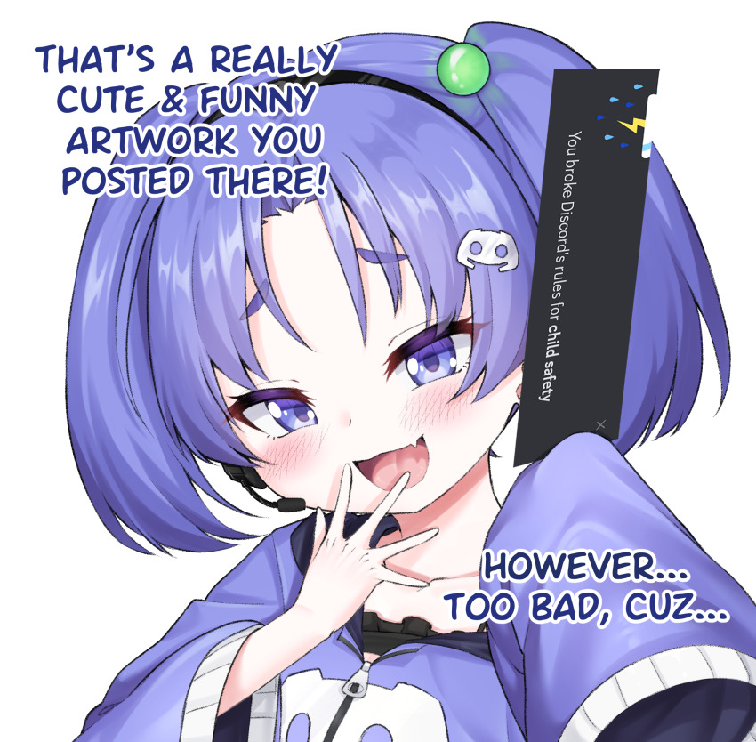 1girl :d black_bra blue_eyes blue_hair blush bra commentary discord discord_logo earphones english_commentary english_text fang highres looking_at_viewer mesugaki microphone nomorakazu open_mouth original shirt short_twintails simple_background skin_fang smile solo twintails underwear zipper