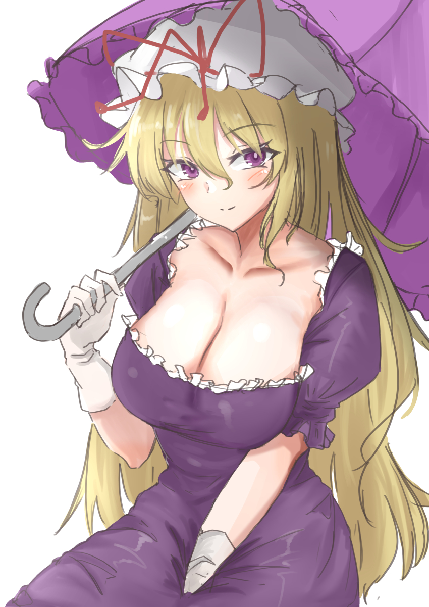 1girl absurdres between_legs blonde_hair blush breasts cleavage closed_mouth collarbone commentary_request dress frills gloves hair_between_eyes hand_between_legs hat highres holding holding_umbrella kuraki large_breasts long_hair looking_at_viewer mob_cap purple_dress purple_eyes short_sleeves sitting smile solo touhou umbrella white_background white_gloves yakumo_yukari