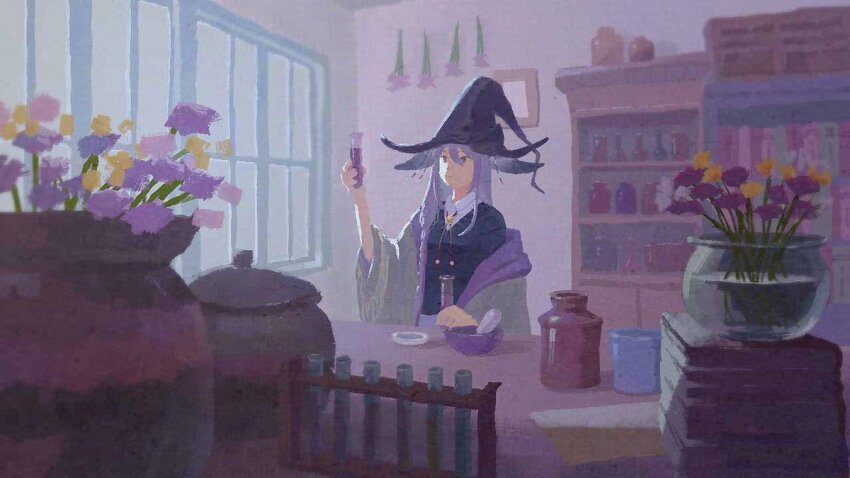 1girl animal_ears book book_stack ears_down erlenmeyer_flask expressionless flask flower flower_pot hair_between_eyes hair_over_shoulder hat holding holding_flask indoors jar long_hair low-braided_long_hair low-tied_long_hair mortar_(bowl) original pestle potion purple_flower purple_hair retro_nakamura robe shelf solo window witch witch_hat yellow_flower