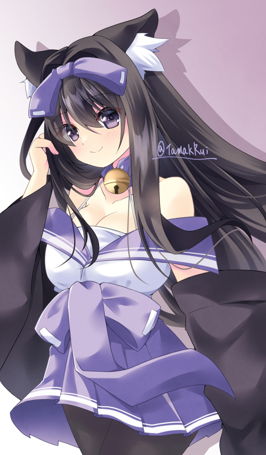 1girl adjusting_hair animal_ear_fluff animal_ears arashio_(azur_lane) artist_name azur_lane bare_shoulders bell black_hair black_pantyhose bow cat_ears cat_girl closed_mouth collarbone grey_eyes hair_bow hand_up highres japanese_clothes light_blush long_hair looking_at_viewer neck_bell pantyhose pleated_skirt purple_bow purple_skirt skirt smile solo tamak_rui