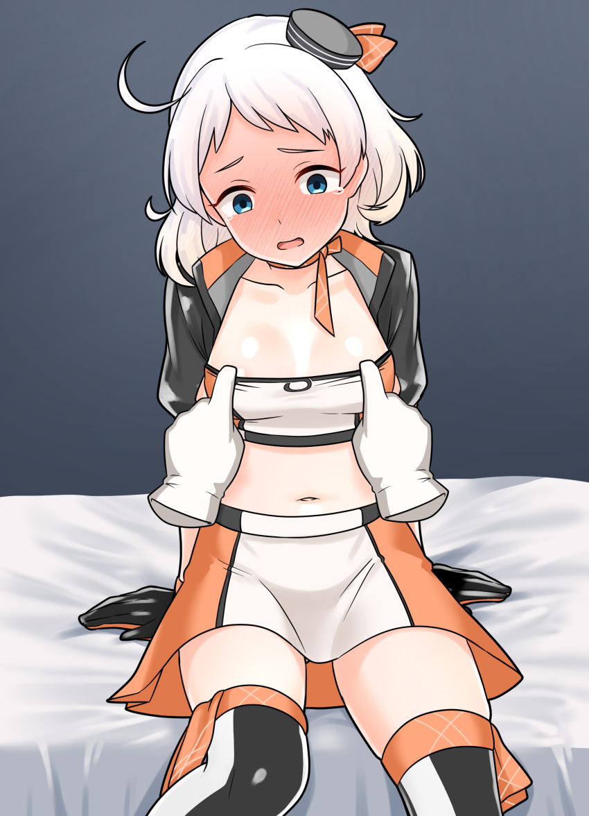 1girl absurdres bed_sheet black_hat blue_eyes blush disembodied_hand embarrassed full-face_blush furaggu_(frag_0416) grey_background hat highres kantai_collection looking_at_viewer mini_hat multicolored_thighhighs natsugumo_(kancolle) navel on_bed orange_skirt orange_tube_top race_queen short_hair sitting skirt solo stomach strapless thighs tube_top two-tone_skirt two-tone_tube_top variant_set white_hair white_skirt white_tube_top