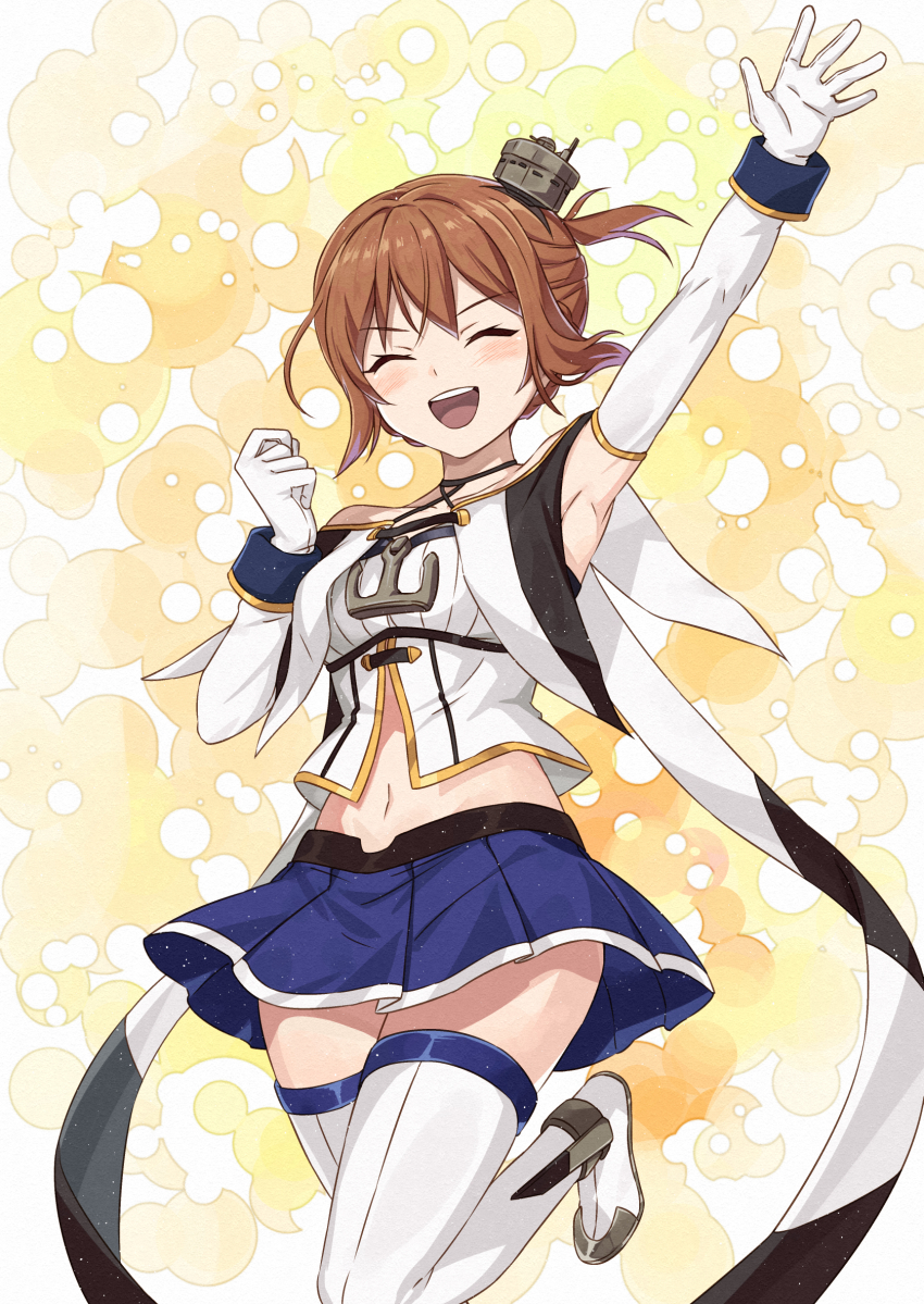 1girl anchor_ornament armpits azur_lane bare_shoulders blue_capelet blue_skirt blush boots braid breasts brown_hair capelet closed_eyes commentary_request commission criss-cross_halter gloves grey_hairband hair_between_eyes hairband halterneck highres kanmiya_shinobu medium_breasts midriff miniskirt navel open_mouth pleated_skirt ponytail repulse_(azur_lane) short_hair short_ponytail sidelocks skeb_commission skindentation skirt smile solo standing standing_on_one_leg teeth thigh_boots thighhighs upper_teeth_only white_gloves white_thighhighs zettai_ryouiki