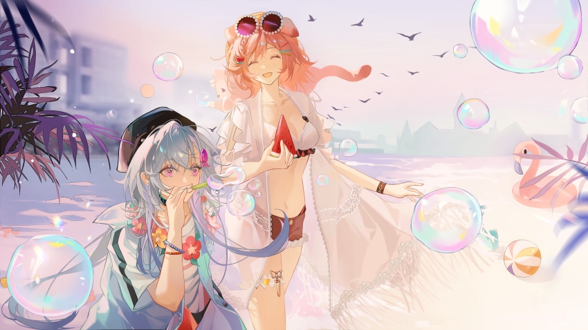 1boy 1girl :d absurdres animal animal_ears animal_on_shoulder arknights ball beachball bikini bikini_top_only bird black_headwear black_shorts blue_hair blue_shirt bracelet breasts bubble blowing_bubbles cat cat_ears cat_on_shoulder cleavage closed_eyes collarbone eyewear_on_head flower_wreath food food-themed_hair_ornament fruit goldenglow_(arknights) goldenglow_(summer_flowers)_(arknights) hair_ornament hat highres holding innertube jacket jewelry long_hair medium_breasts melon melon_hair_ornament melon_slice mizuki_(arknights) mizuki_(summer_feast)_(arknights) official_alternate_costume open_clothes open_jacket open_mouth palm_leaf pink_cat pink_eyes pink_hair shirt shorts smile striped_clothes striped_shirt sunglasses swim_ring swimsuit very_long_hair water white_bikini white_shirt zoe_(user_nfrc5473)