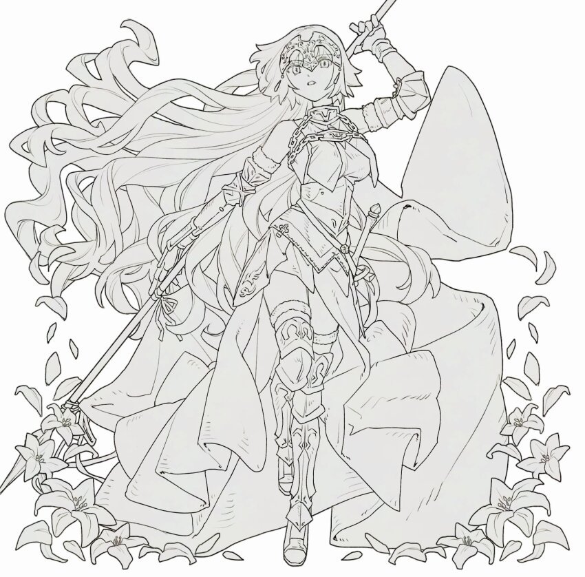 1girl armor armored_boots armored_dress boots chain chest_harness dress falling_petals fate/apocrypha fate/grand_order fate_(series) flagpole floating_hair flower full_body gauntlets greyscale harness headpiece highres holding holding_pole holding_polearm holding_weapon jeanne_d&#039;arc_(fate) jeanne_d&#039;arc_(ruler)_(fate) long_hair looking_at_viewer m_12170 monochrome open_mouth petals pole polearm simple_background solo standing standing_on_one_leg sword weapon white_background