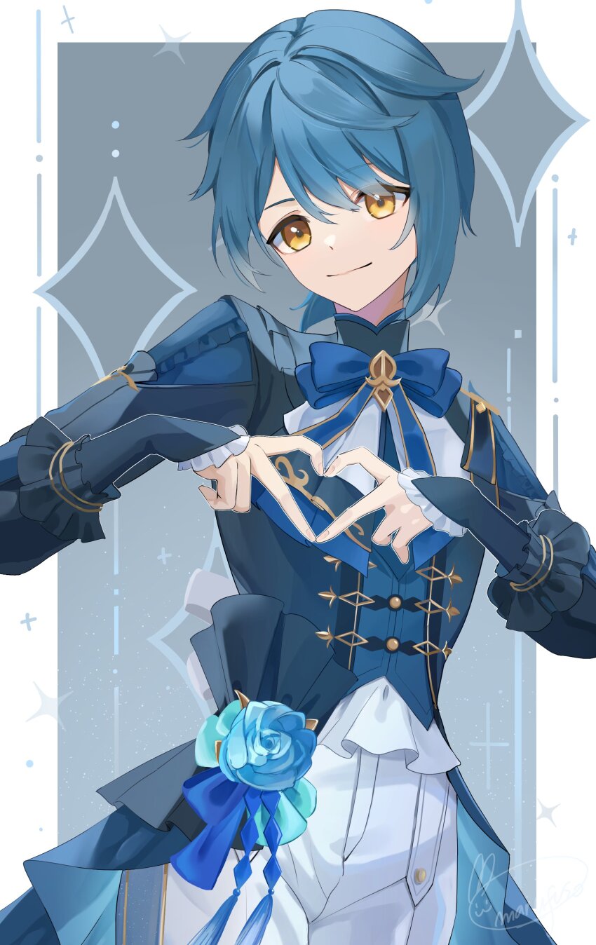 1boy four-finger_heart_hands absurdres blue_bow blue_bowtie blue_flower blue_hair blue_jacket bow bowtie closed_mouth commentary flower genshin_impact hair_between_eyes heart heart_hands highres jacket long_sleeves looking_at_viewer male_focus marufus pants signature solo white_pants xingqiu_(bamboo_rain)_(genshin_impact) xingqiu_(genshin_impact) yellow_eyes