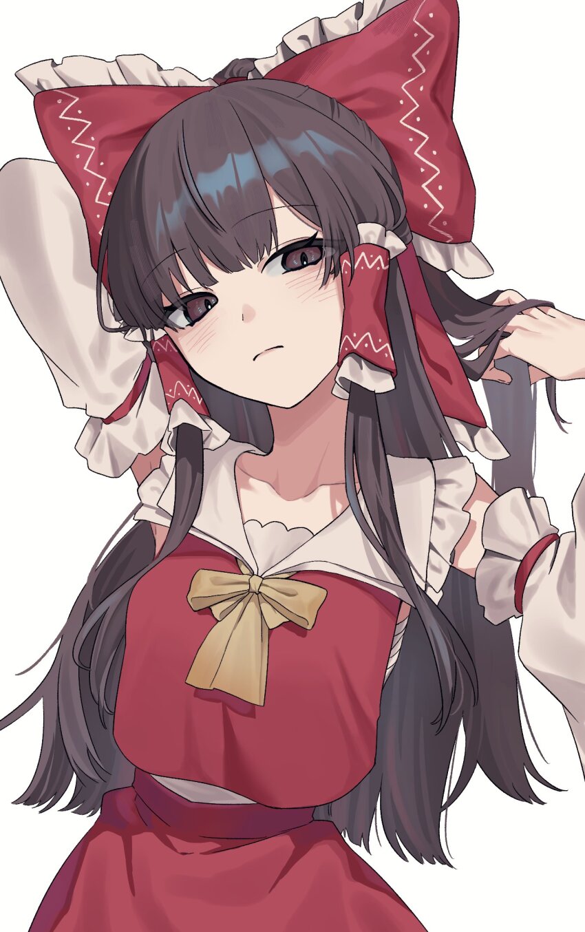 1girl arms_up black_eyes black_hair bow collarbone detached_sleeves frilled_bow frills hair_bow hair_tubes hakurei_reimu hands_in_own_hair highres long_hair looking_at_viewer momotrtr10 nontraditional_miko red_bow red_shirt red_skirt shirt skirt solo touhou