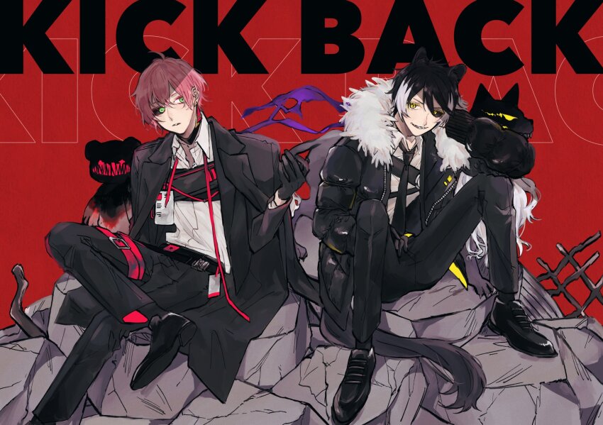 2boys animal_ears belt black_belt black_choker black_coat black_footwear black_gloves black_hair black_jacket black_necktie black_pants black_sclera black_socks blood cat choker coat coat_on_shoulders collared_shirt colored_sclera down_jacket dress_shoes earrings expressionless fanny_pack figure_four_sitting foot_out_of_frame fugampiyo full_body fur-trimmed_jacket fur_trim gloves green_eyes grey_cat grin hair_between_eyes hand_up harness highres holostars jackal_boy jackal_ears jackal_tail jacket jewelry kageyama_shien knees_up looking_at_viewer male_focus mismatched_sclera multicolored_hair multiple_boys neck_ribbon necktie nekoyama_shien official_alternate_costume open_clothes open_collar open_jacket pants parted_lips pink_hair pink_ribbon red_background ribbon rikka_(holostars) rubble sharp_teeth shirt shoes short_hair single_earring sitting smile socks song_name spanner_(holostars) stuffed_animal stuffed_toy suit_jacket tail teddy_bear teeth thigh_strap two-tone_hair undone_neck_ribbon v-shaped_eyebrows virtual_youtuber white_hair white_shirt yellow_eyes zipper