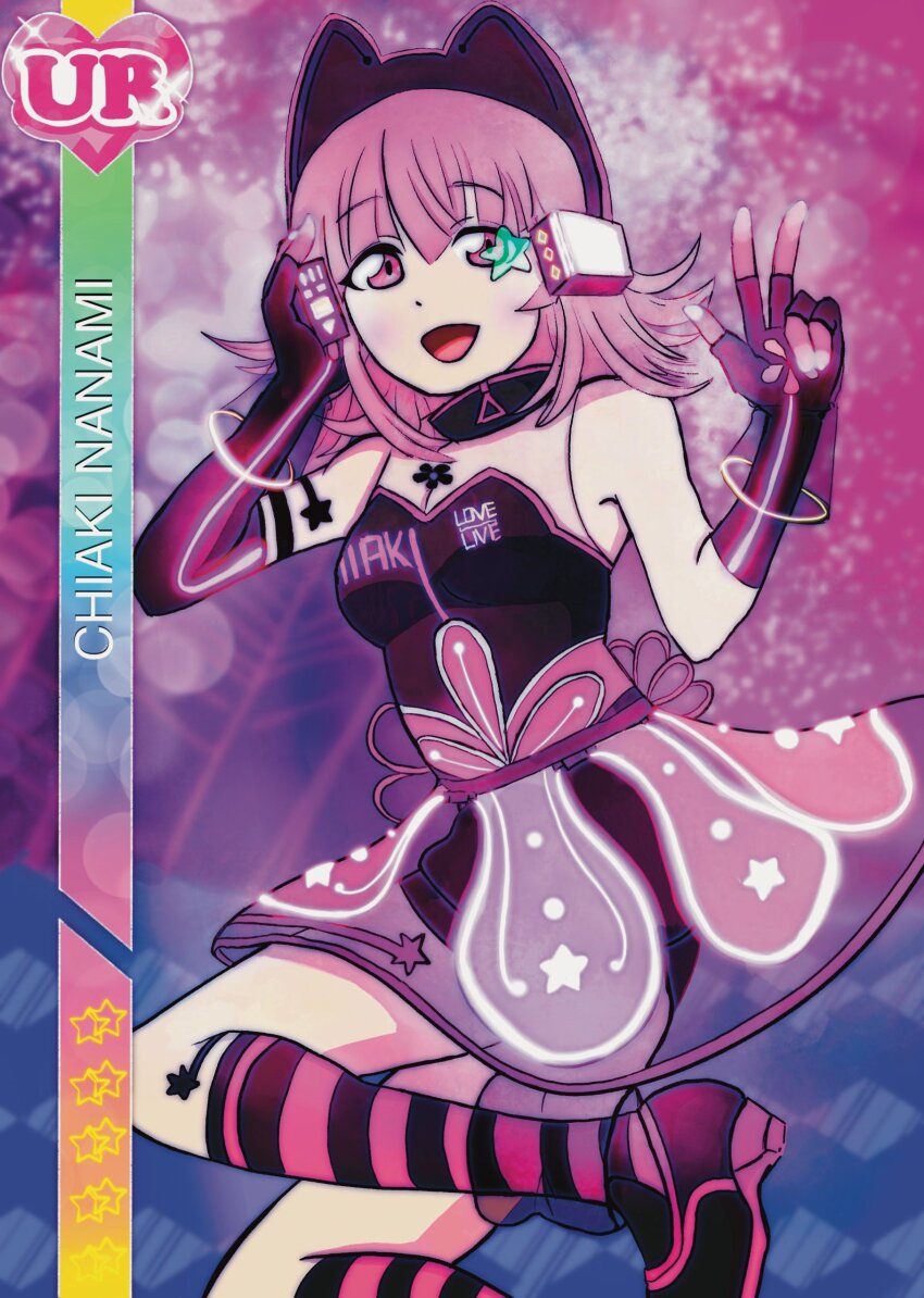 1girl absurdres black_shoes character_name clothes_writing commentary copyright_name danganronpa_(series) danganronpa_2:_goodbye_despair elbow_gloves english_commentary eyelashes fingerless_gloves gloves headset highres idol_clothes jablko15 kneehighs love_live! medium_hair nanami_chiaki pink_eyes shirt shoes skirt sleeveless sleeveless_shirt socks solo star_(symbol) striped_clothes striped_socks two-tone_socks