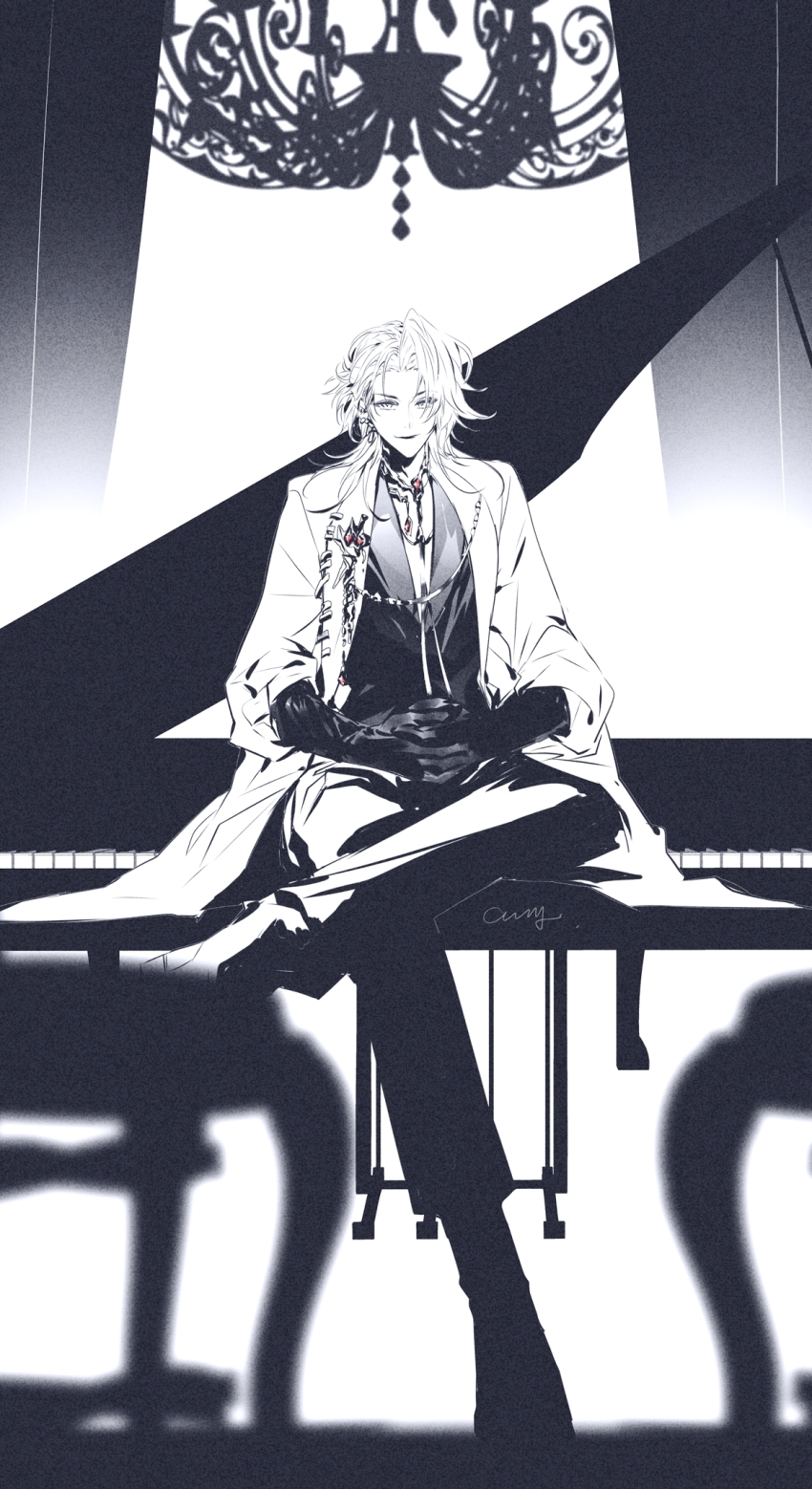 1girl chain chain_necklace chandelier chinese_commentary coat commentary curtains elbow_gloves forehead full_body gloves grand_piano greyscale highres instrument interlocked_fingers jacket jewelry lapel_pin lapels long_hair looking_at_viewer meitangsiyan monochrome necklace path_to_nowhere piano shawl_lapels sitting smile solo spot_color stage_curtains stool suit_jacket upswept_hair zoya_(path_to_nowhere)
