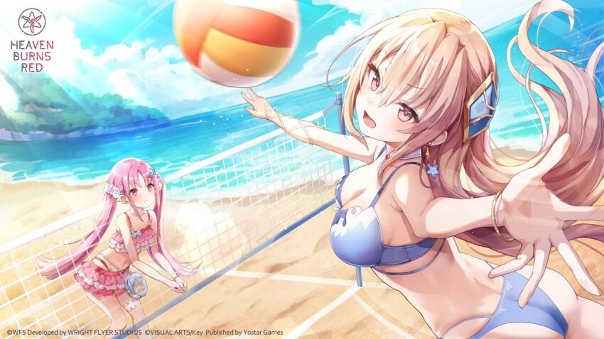 2girls artist_request bikini blonde_hair blue_bikini breasts cleavage hair_between_eyes heaven_burns_red kunimi_tama long_hair multiple_girls ocean official_alternate_costume official_alternate_hairstyle official_art pink_bikini pink_hair red_eyes shirakawa_yuina sidelocks swimsuit twintails volleyball