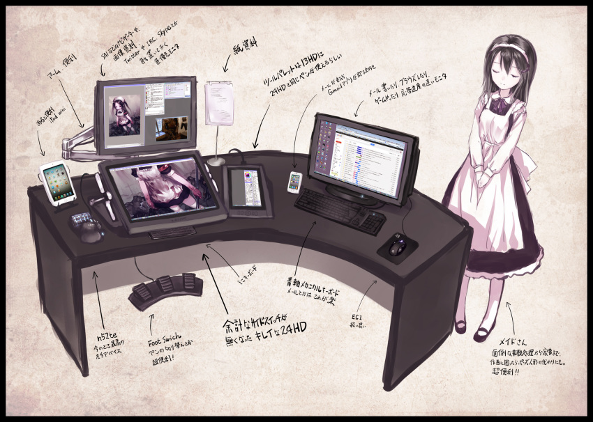 1girl apron armband blood cellphone closed_eyes closed_mouth commentary_request computer computer_keyboard computer_mouse crowbar desk drawing_tablet dress female_focus gmail hair_between_eyes hair_ornament hair_ribbon hairclip highres ipad iphone irc kiran_(kiranpln) logitech maid maid_apron maid_headdress mechanical_keyboard microsoft_windows monitor mousepad_(object) mozilla_firefox original paper phone purple_dress purple_ribbon ribbon sai simple_background smartphone solo steelseries tablet_pc translation_request wacom white_legwear white_ribbon windows_vista
