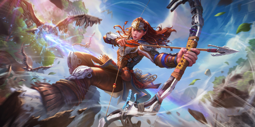 1girl agus_sw aiming aloy_(horizon) blue_sky bow_(weapon) brown_pants day highres holding holding_bow_(weapon) holding_weapon horizon_(video_game) horizon_zero_dawn long_hair orange_hair outdoors pants sky solo weapon