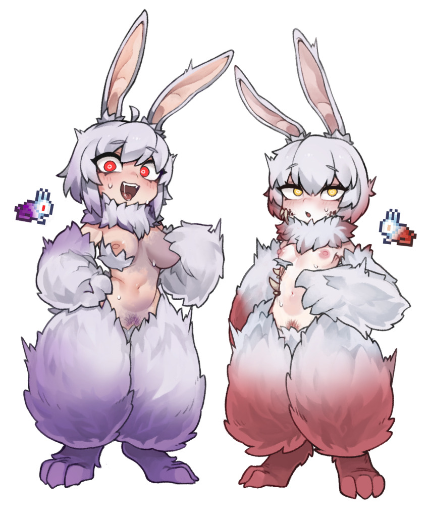 2girls ahoge animal_feet blush breasts bunny_(terraria) corrupt_bunny_(terraria) fangs female_focus female_pubic_hair full_body gradient_hair hand_on_own_hip highres looking_at_viewer monster_girl multicolored_hair multiple_girls navel neck_fur nipples nyong_nyong open_mouth parted_lips personification pubic_hair purple_hair rabbit_ears rabbit_girl red_eyes red_hair reference_inset saliva sharp_teeth short_hair small_breasts sweat teeth terraria tongue transformation vicious_bunny_(terraria) white_background white_hair yellow_eyes