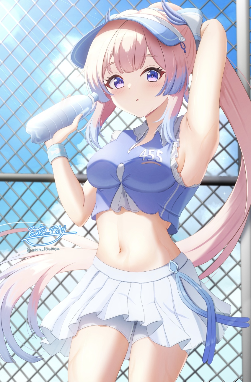 1girl absurdres arm_behind_head armpits blue_hair blue_sky blue_visor blush bottle breasts chain-link_fence cloud commentary_request cowboy_shot crop_top day fence genshin_impact gradient_hair hand_up highres holding holding_bottle hyakuya_iori long_hair looking_at_viewer medium_breasts miniskirt multicolored_hair navel official_alternate_costume outdoors parted_lips pink_hair purple_eyes sangonomiya_kokomi sangonomiya_kokomi_(pulse+) sideboob signature skirt sky solo stomach sweat twitter_username very_long_hair visor_cap water_bottle white_skirt wristband