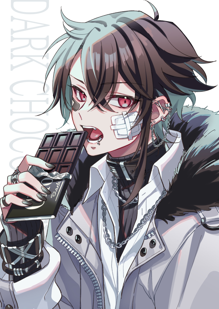1boy bandaid bandaid_on_cheek bandaid_on_face brown_hair candy chocolate chocolate_bar collared_shirt commentary ear_piercing food grey_jacket grey_nails hair_between_eyes highres holding holding_chocolate holding_food jacket jewelry long_sleeves looking_at_viewer male_focus nail_polish necklace open_clothes open_jacket open_mouth original piercing red_eyes ring shirt short_hair simple_background solo suzaku_(zaku6584) upper_body white_background white_shirt wing_collar zipper