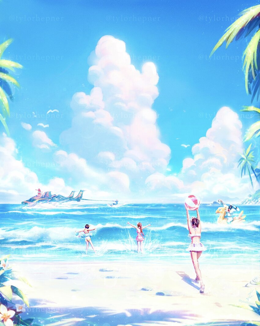 3boys 3girls absurdres aerith_gainsborough aerith_gainsborough_(pink_mermaid) ball barret_wallace barret_wallace_(junon_naval_crew) beach beachball bikini bikini_skirt bird blue_sky cloud_strife cloud_strife_(ocean_chocobo) final_fantasy final_fantasy_vii final_fantasy_vii_rebirth final_fantasy_vii_remake flower highres multiple_boys multiple_girls ocean palm_tree red_xiii seagull sky swim_ring swimsuit tifa_lockhart tifa_lockhart_(shining_spirit) tree tylor_hepner yuffie_kisaragi yuffie_kisaragi_(summer_orange)