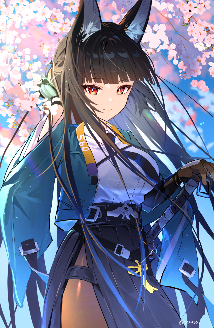 1girl absurdres animal_ear_fluff animal_ears azna black_gloves black_hair black_necktie black_pantyhose black_skirt blunt_bangs cherry_blossoms closed_mouth collared_shirt commentary_request day dress_shirt fox_ears fox_girl gloves green_jacket hand_in_own_hair hand_up highres hoshimi_miyabi jacket long_hair looking_at_viewer necktie open_clothes open_jacket outdoors pantyhose pleated_skirt red_eyes shirt skirt smile solo twitter_username very_long_hair white_shirt zenless_zone_zero