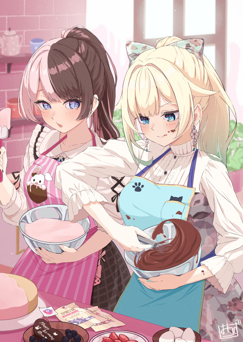 2girls absurdres aizawa_ema aizawa_ema_(3rd_costume) apron blonde_hair blue_apron blue_eyes blunt_bangs blurry blush bow brown_dress brown_hair brown_skirt buttons cake chocolate chocolate_on_clothes chocolate_on_face commentary cross-laced_clothes cross-laced_sleeves depth_of_field dress earrings eyelashes floral_print floral_print_dress flower_earrings food food_on_face frilled_shirt_collar frills fruit gradient_hair green_hair hair_bow hair_flaps hair_intakes happy_birthday high_ponytail highres holding holding_spatula holding_whisk indoors jewelry long_hair looking_at_object looking_down mixing mixing_bowl multicolored_hair multiple_girls mussan official_alternate_costume official_alternate_hairstyle parted_lips pink_apron pink_hair plaid_clothes plaid_skirt ponytail print_dress signature skirt spatula split-color_hair strawberry striped_apron striped_clothes stud_earrings suspender_skirt suspenders swept_bangs tachibana_hinano tachibana_hinano_(1st_costume) three-quarter_sleeves tongue tongue_out two-tone_hair vertical-striped_apron vertical-striped_clothes virtual_youtuber vspo! whisk