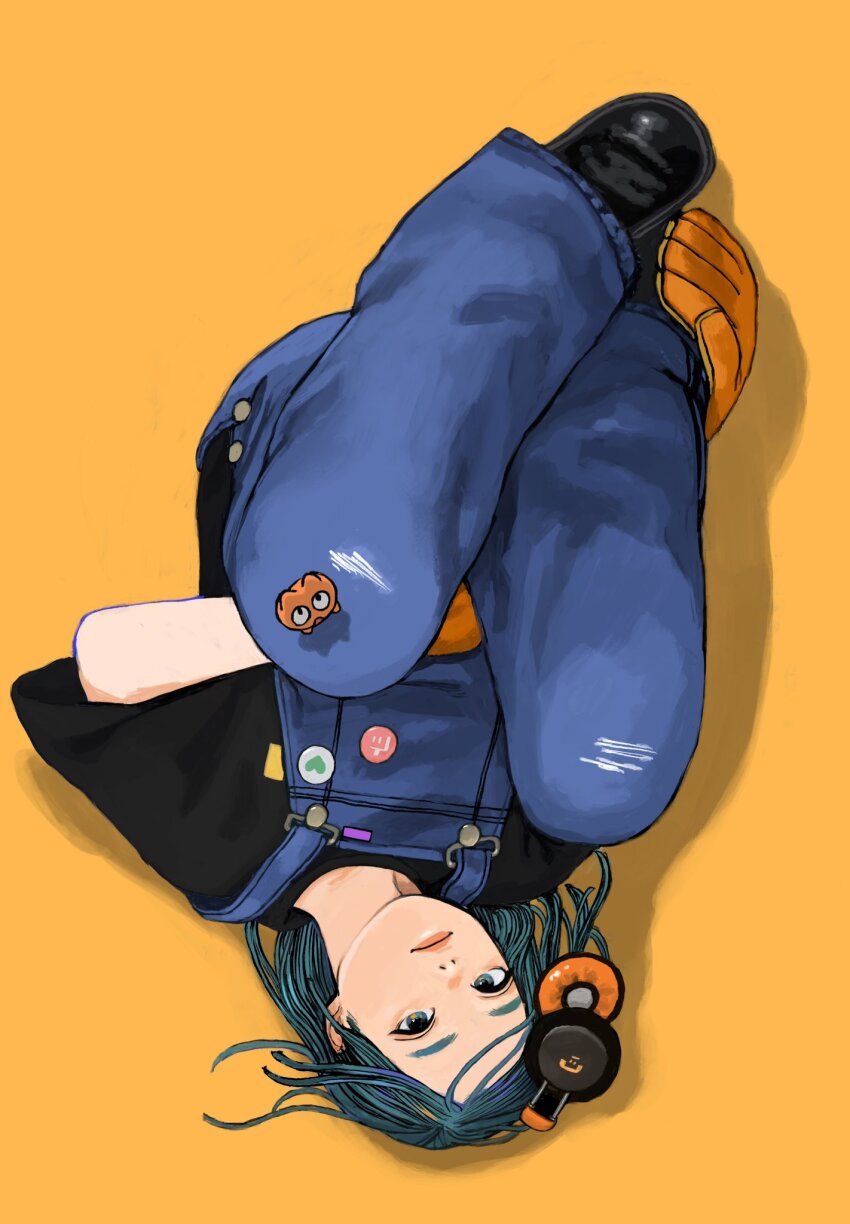 1girl aqua_eyes aqua_hair badge baseball_glove black_shirt black_shoes button_badge closed_mouth denim headphones highres junjunforever looking_at_viewer original overalls shirt shoes short_sleeves simple_background solo unworn_headphones upside-down yellow_background