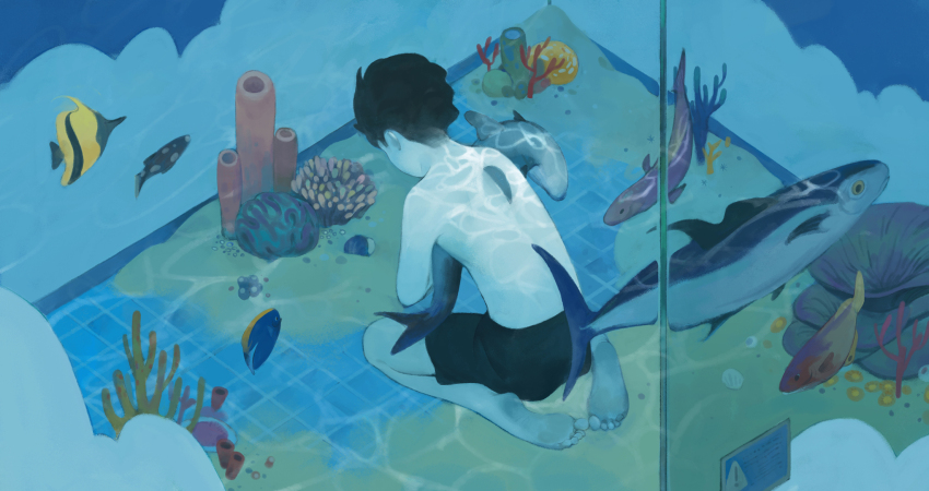 1boy angelfish aquarium barefoot black_hair black_shorts caustics child choidomart coral feet fish from_behind highres original regal_blue_tang sand seiza shark_fin short_hair shorts sitting swimming topless_male tuna underwater water
