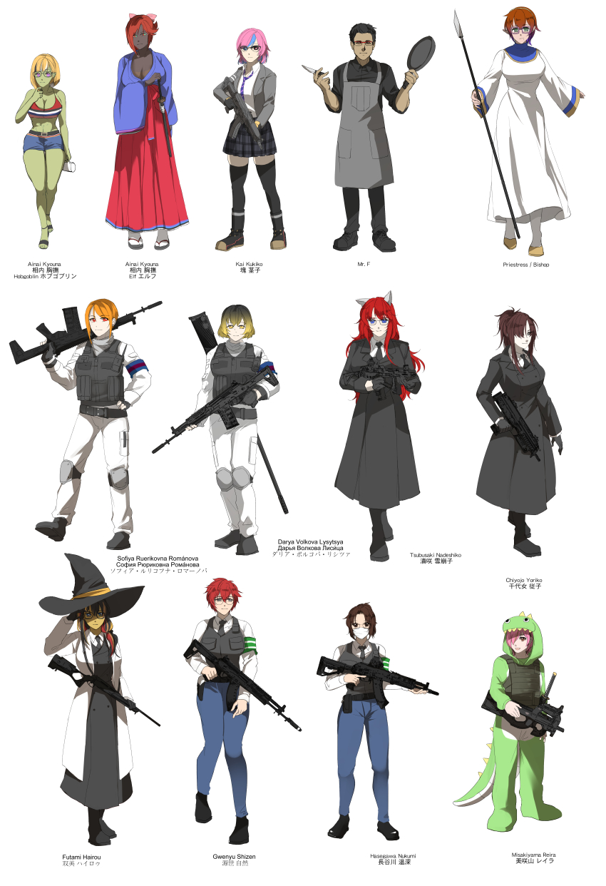 1boy 6+girls absurdres ainai_kyouna ak-15 ak-204 ak-308 animal_ears apron assault_rifle battle_rifle black_hair blonde_hair brown_hair bullpup chiyojo_yoriko crossover_nexus_project crossover_nexus_series darya_volkova female_goblin frying_pan futami_hairou glasses goblin gun gwenyu_shizen h&amp;k_mp7 hasegawa_nukumi_(isekai_sensei) hat highres hobgoblin holding holding_frying_pan holding_gun holding_knife holding_polearm holding_weapon isekai_monogatari_series kai_kukiko kalashnikov_rifle knife mr_f multicolored_hair multiple_girls orange_hair p90 pink_hair pointy_hat polearm police police_uniform policewoman pp-2000 ppk-20 rail_(weapon) red_hair rifle sniper_rifle sofiya_romanova spear steyr_gams submachine_gun svlk-14s sword takenaka_yoshi tsang_fei tsubusaki_nadeshiko wakizashi weapon witch_hat