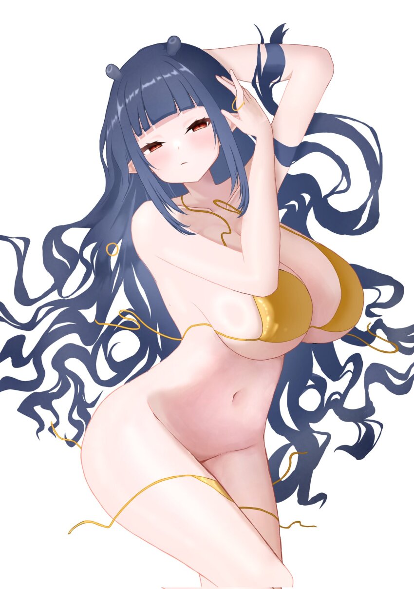 1girl arm_behind_head bikini black_hair breasts cleavage closed_mouth collarbone corrupted_twitter_file dizzy_dokuro fienly gold_bikini highres large_breasts long_hair navel phase_connect red_hair sidelocks solo swimsuit undone_bikini virtual_youtuber