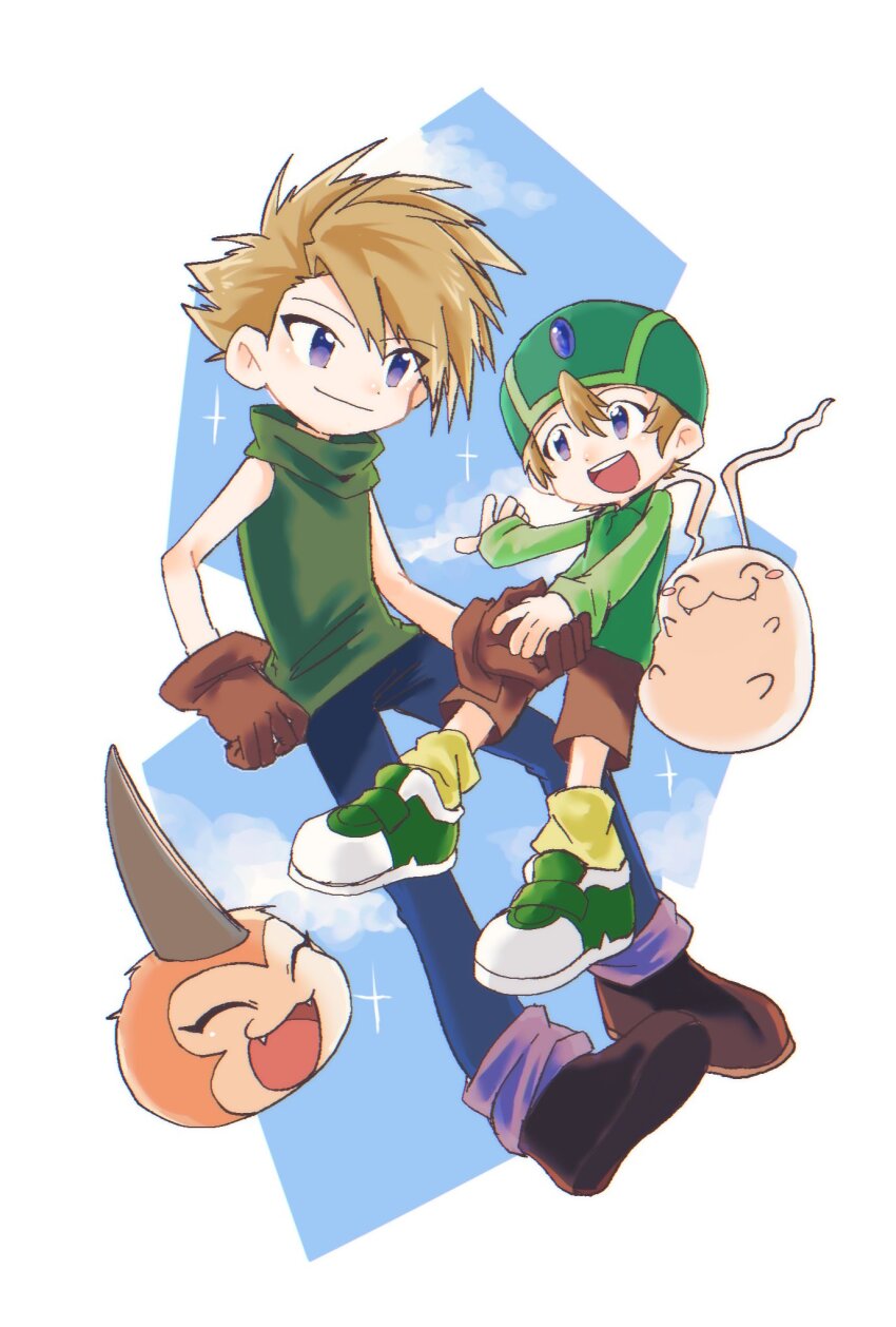 2boys blonde_hair blue_eyes blue_pants body_fur brothers brown_gloves brown_shorts closed_eyes digimon digimon_(creature) digimon_adventure full_body gloves green_hat green_shirt group_picture hat highres horns ishida_yamato megane_mochi multiple_boys orange_fur pants shirt short_hair shorts siblings simple_background single_horn takaishi_takeru tokomon tunomon