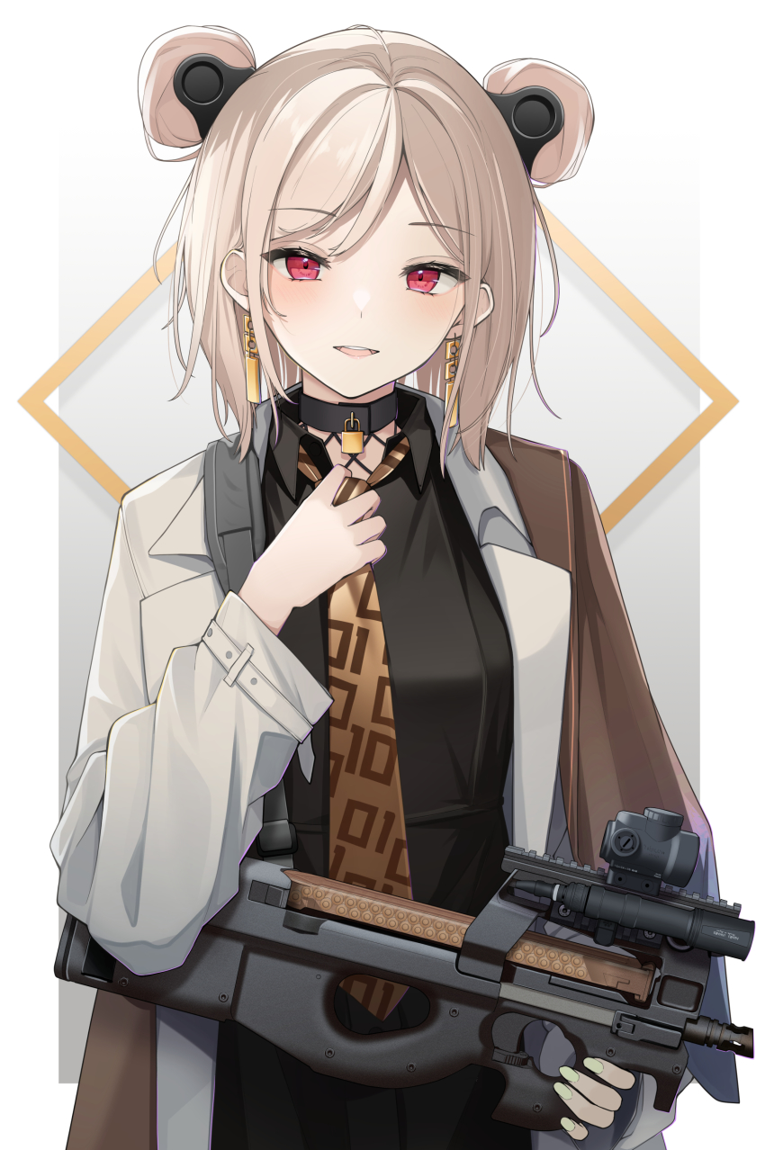 1girl absurdres adjusting_clothes adjusting_necktie ammunition armor-piercing_ammunition blush bullet bullpup choker commission double_bun earrings fn_5.7x28mm girls&#039;_frontline gun hair_bun handgun_cartridge highres horizontal_magazine inor2i jewelry light_brown_hair looking_at_viewer necktie open_mouth p90 p90_(girls&#039;_frontline) p90_(the_girl_from_b.e.l)_(girls&#039;_frontline) pdw_cartridge personal_defense_weapon pistol_cartridge red_eyes see-through_clothes skeb_commission smile solo submachine_gun supersonic_ammunition translucent upper_body weapon