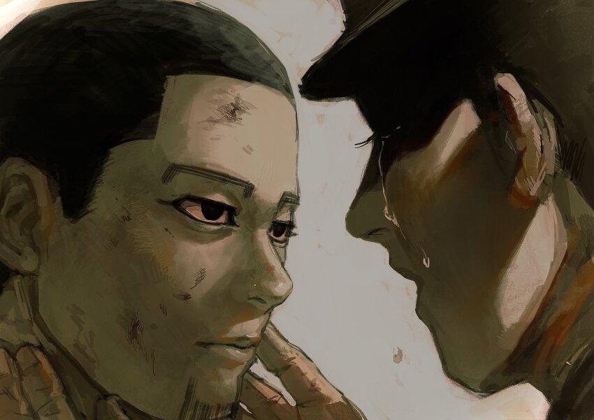 2boys black_eyes black_hair buzz_cut closed_mouth colored_sclera commentary_request crying dirty dirty_face expressionless eye_contact face-to-face faceless faceless_male facial_hair goatee golden_kamuy grey_background half-siblings hanazawa_yusaku hands_on_another&#039;s_face hands_up highres looking_at_another male_focus multiple_boys ogata_hyakunosuke open_mouth osakanaman_7 pink_sclera portrait profile shaded_face short_hair simple_background very_short_hair