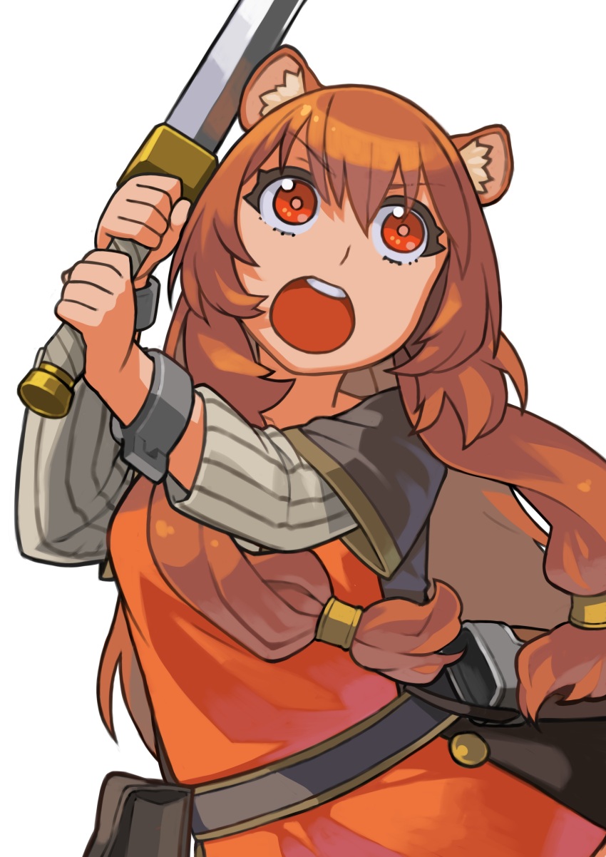 1girl :o absurdres animal_ear_fluff animal_ears belt belt_pouch black_belt black_dress blunt_bangs brown_hair collarbone commentary_request dress eyelashes hands_up high_collar highres holding holding_sword holding_weapon layered_dress long_hair long_sleeves looking_at_viewer metal_hair_tubes metal_wrist_cuffs neck_ribbon open_mouth partial_commentary pouch raccoon_ears raccoon_girl raphtalia red_dress red_eyes red_ribbon ribbon rinx sheath short_dress short_sleeves simple_background solo sword tate_no_yuusha_no_nariagari teeth two-tone_dress upper_body upper_teeth_only weapon white_background white_dress