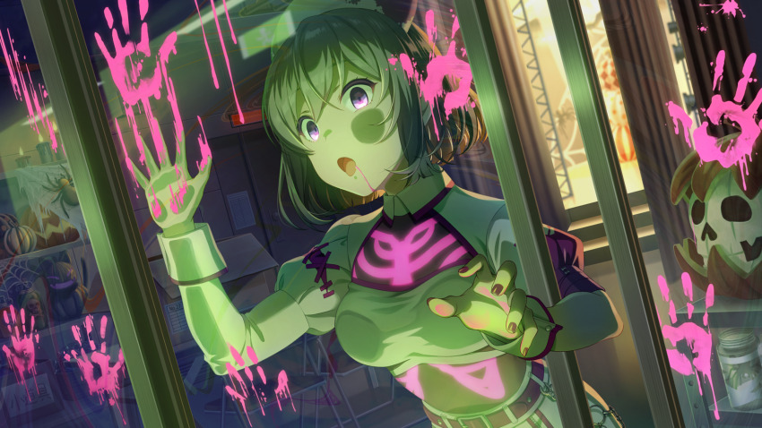 blood box bug cardboard_box chair game_cg handprint highres idoly_pride kanzaki_rio nail_polish official_art pink_blood puffy_sleeves pumpkin purple_eyes silk spider spider_web table