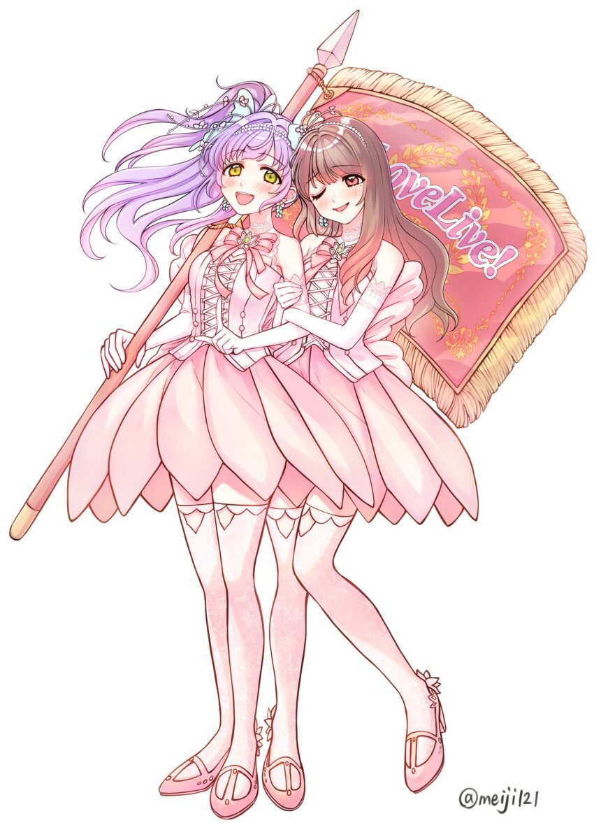 2girls :d ;d animification aurora_flower_(love_live!) bare_shoulders breasts brown_eyes brown_hair butterfly_wings commentary_request cross-laced_clothes cross-laced_top fake_wings flower_stand_art full_body green_eyes hair_intakes hanamiya_nina high_heels highres insect_wings large_breasts link!_like!_love_live! long_hair love_live! love_live!_victory_flag meiji_(mosamoo3) miniskirt multiple_girls official_alternate_costume one_eye_closed open_mouth otomune_kozue pink_shirt pink_shoes pink_skirt pleated_skirt purple_hair real_life shirt shoes short_sleeves side_ponytail simple_background skirt smile thighhighs virtual_youtuber voice_actor voice_actor_connection white_background white_thighhighs wings