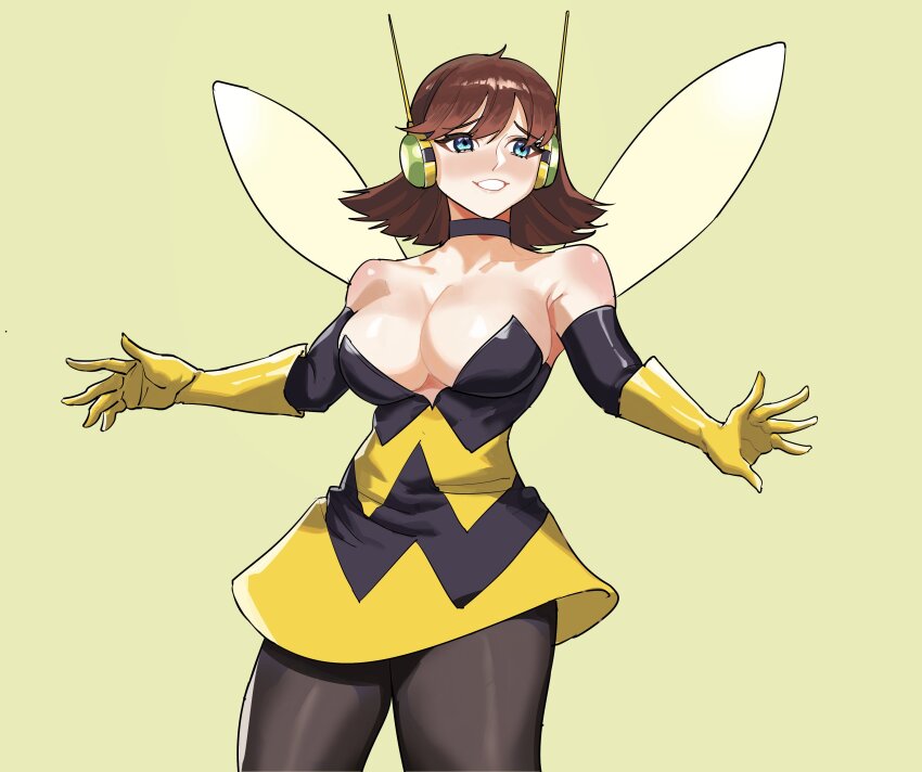 1girl absurdres alula456 animification avengers_(series) blue_eyes breasts brown_hair cleavage gloves highres insect_wings janet_van_dyne large_breasts looking_at_viewer marvel short_hair simple_background smile solo superhero_costume the_avengers:_earth&#039;s_mightiest_heroes! wasp_(marvel) wings