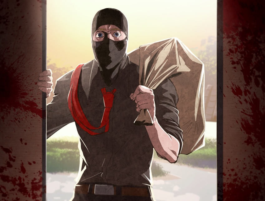 1boy absurdres bag balaclava belt black_pants black_shirt blood blood_on_wall blue_eyes brown_belt carrying collared_shirt doorway dress_shirt grey_shirt hand_on_wall highres holding holding_bag long_sleeves male_focus necktie necktie_over_shoulder pants red_necktie scared shirt shoulder_carry sleeves_pushed_up sopia_(waktaverse) surprised waktaverse xi_buang