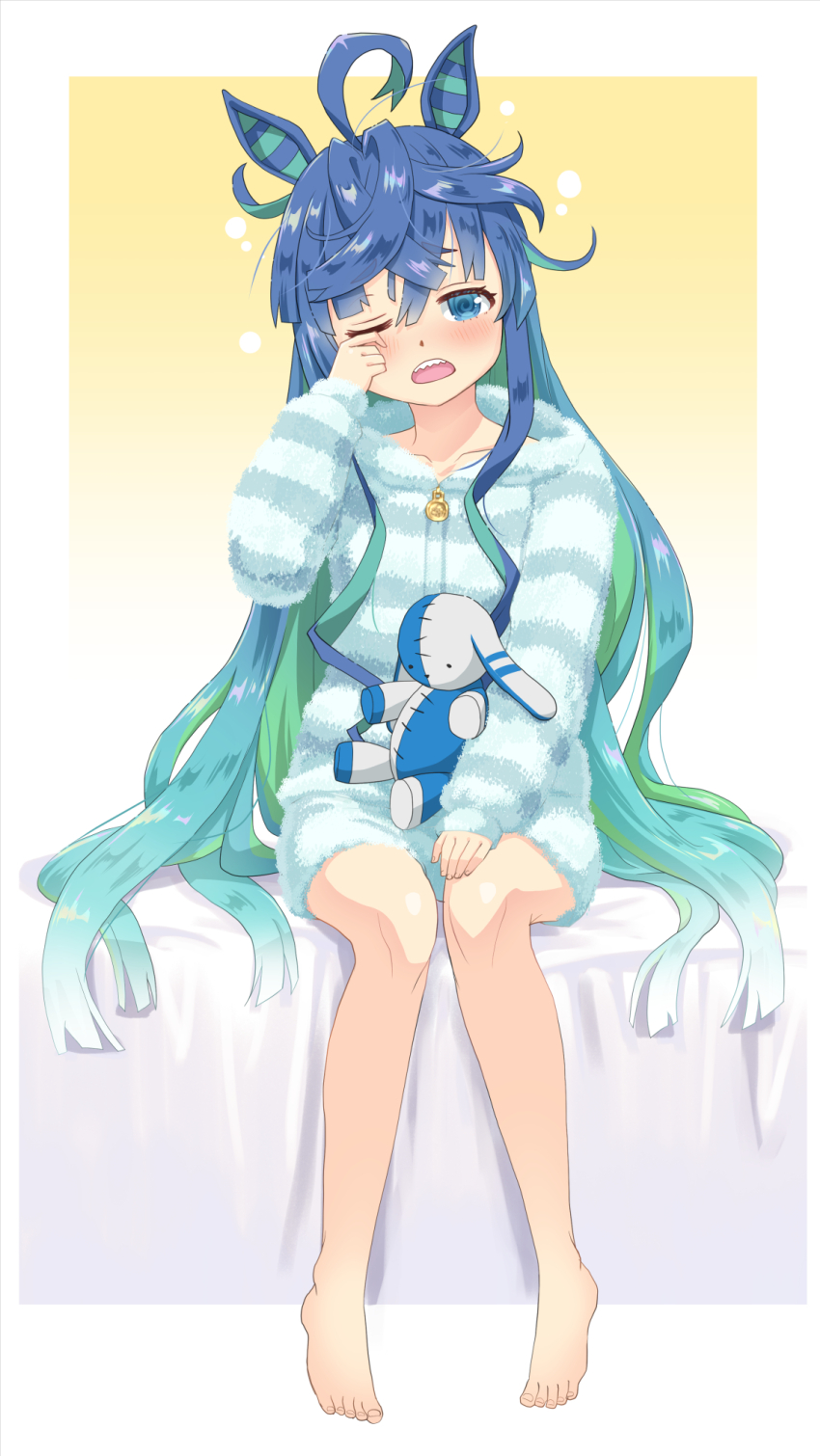 1girl @_@ ahoge alternate_hairstyle animal_ears aqua_hair aqua_pajamas barefoot blue_eyes blue_hair blush border collarbone commentary_request crossed_bangs feet full_body gradient_background gradient_hair hand_on_own_face hand_up haniwa_(leaf_garden) highres hood hooded_pajamas horse_ears horse_girl long_hair long_sleeves looking_at_viewer messy_hair multicolored_hair one_eye_closed open_mouth outside_border pajamas raised_eyebrows rubbing_eyes sharp_teeth sidelocks sitting sleepwear sleepy solo squeans straight-on striped_clothes striped_pajamas stuffed_animal stuffed_rabbit stuffed_toy teeth toenails toes twin_turbo_(umamusume) two-tone_hair umamusume upper_teeth_only white_border yellow_background zipper_pull_tab