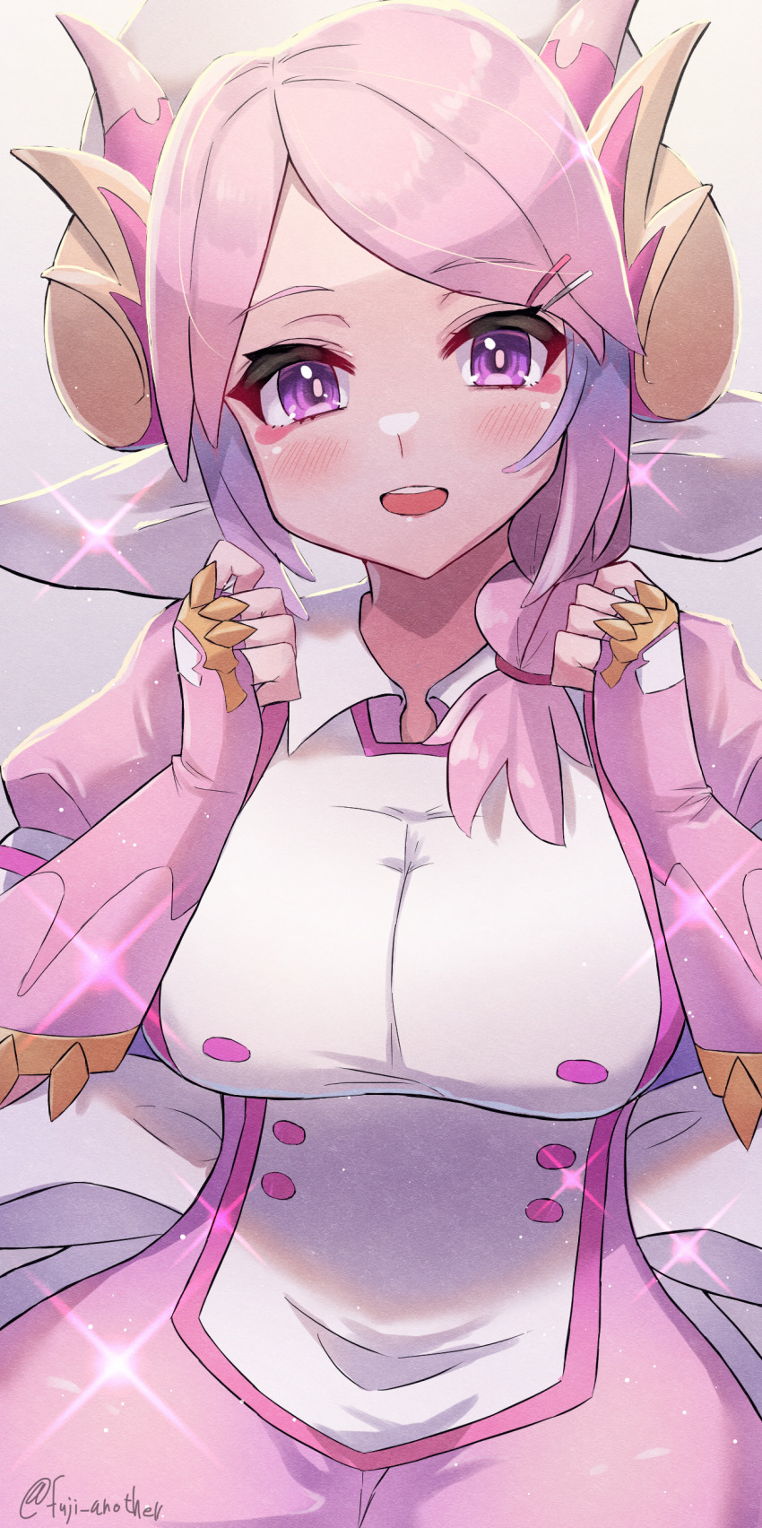 1girl absurdres blush braid breasts dragon_girl dragon_horns duel_monster fingerless_gloves gloves hair_ornament hat highres horns katsukare large_breasts looking_at_viewer maid nurse nurse_cap nurse_dragonmaid open_mouth pink_eyes pink_hair puffy_short_sleeves puffy_sleeves short_sleeves side_braid smile solo third-party_source yu-gi-oh!