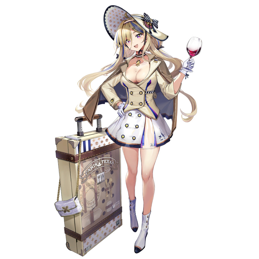 1girl :d ahoge alcohol artist_request blonde_hair blue_hair boots breasts buttons cleavage clutch_purse cup double-breasted drinking_glass full_body game_cg girls&#039;_frontline girls&#039;_frontline_neural_cloud gloves hand_on_own_hip hat highres holding holding_cup jacket long_hair millau_(neural_cloud) mole mole_on_breast official_art open_mouth rolling_suitcase skirt smile solo sparkling_eyes standing suitcase sun_hat tachi-e third-party_source transparent_background white_boots white_gloves white_skirt wine wine_glass yellow_jacket