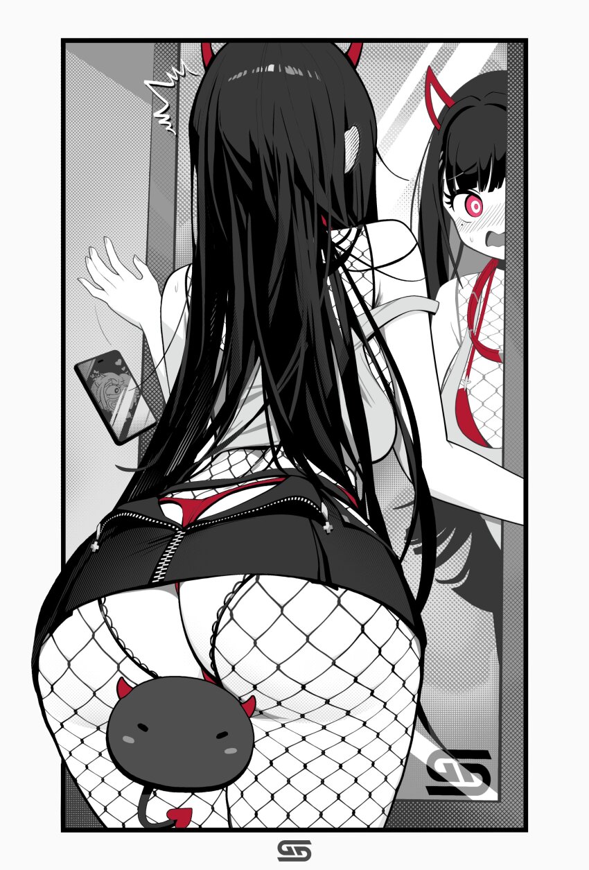 1girl absurdres akuma_nihmune akuma_nihmune_(demon_past) ass bikini bikini_under_clothes blush bodystocking clickdraws convenient_censoring embarrassed fishnet_bodystocking fishnets gamer_supps highres horns indie_virtual_youtuber panties phone red_eyes reflection skirt surprised swimsuit underwear upskirt virtual_youtuber zipper_skirt