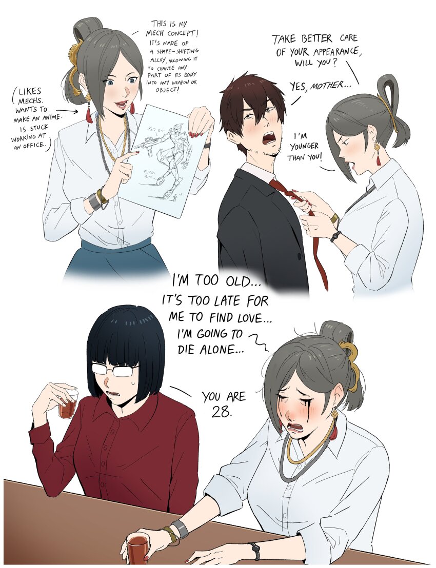 1boy 2girls absurdres alcohol bag beard_stubble black_hair black_pantyhose black_suit blue_skirt bob_cut bracelet collared_shirt commentary cup drawing_(object) drinking_glass earrings english_commentary english_text facial_hair formal_clothes francisco_mon glasses grey_eyes grey_hair gun hair_bun handbag highres jacket jewelry makeup mecha multiple_girls necklace necktie office_lady old old_man old_woman original pantyhose paper red_necktie red_shirt robot runny_makeup shirt short_hair shot_glass simple_background skirt slippers solo stubble suit suit_jacket sweatdrop watch weapon white_background white_shirt wristwatch