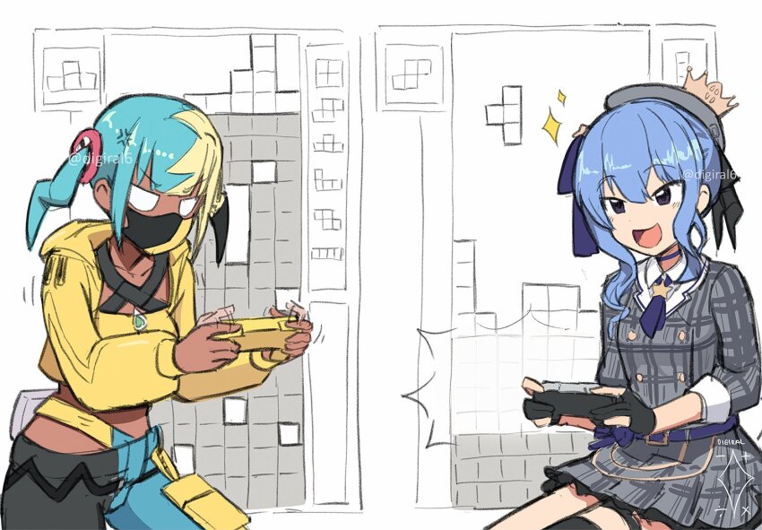 2girls :d anger_vein angry aqua_hair ascot belt beret black_gloves blonde_hair blue_ascot blue_belt blue_choker blue_hair canari_(pokemon) choker competition crop_top crossover crown digiral dress gloves handheld_game_console hat holding holding_handheld_game_console hololive hoshimachi_suisei hoshimachi_suisei_(1st_costume) jacket midriff mini_crown multicolored_hair multiple_girls nintendo open_mouth pants partially_colored plaid_clothes plaid_dress plaid_hat playing_games pokemon pokemon_legends:_z-a short_twintails side_ponytail sitting smile split-color_hair tetris twintails two-tone_hair v-shaped_eyebrows virtual_youtuber yellow_jacket
