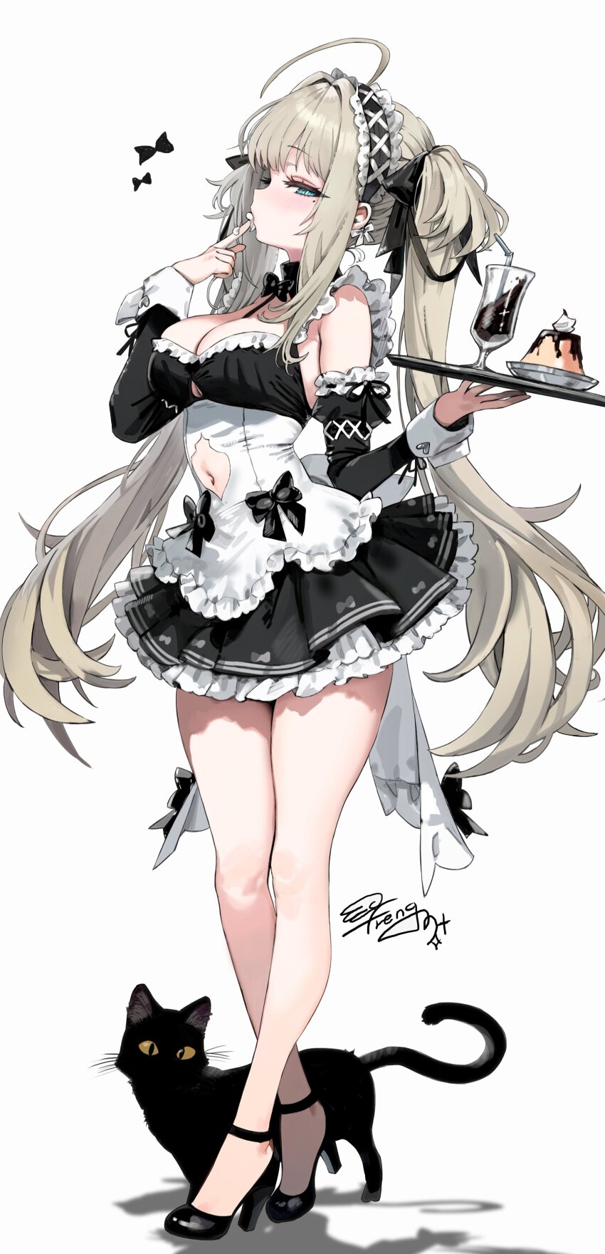 1girl absurdres ahoge apron black_cat black_dress black_skirt breasts cat cleavage cup detached_sleeves dress drinking_glass freng frilled_apron frills highres holding holding_tray maid maid_apron maid_headdress medium_breasts mole mole_under_eye original puffy_sleeves simple_background skirt tray white_apron white_background