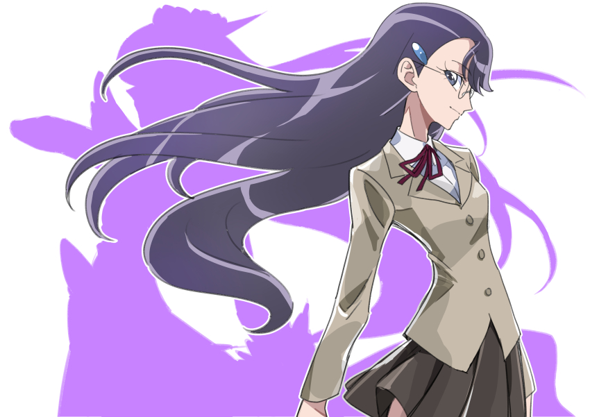 1girl absurdres black_eyes black_hair blazer brown_jacket brown_skirt closed_mouth commentary cure_moonlight dress_shirt glasses hair_ornament hairclip heartcatch_precure! highres jacket long_hair long_sleeves magical_girl myoudou_gakuen_high_school_uniform neck_ribbon pleated_skirt precure red_ribbon ribbon school_uniform shirt silhouette skirt solo tsukikage_oyama tsukikage_yuri white_shirt