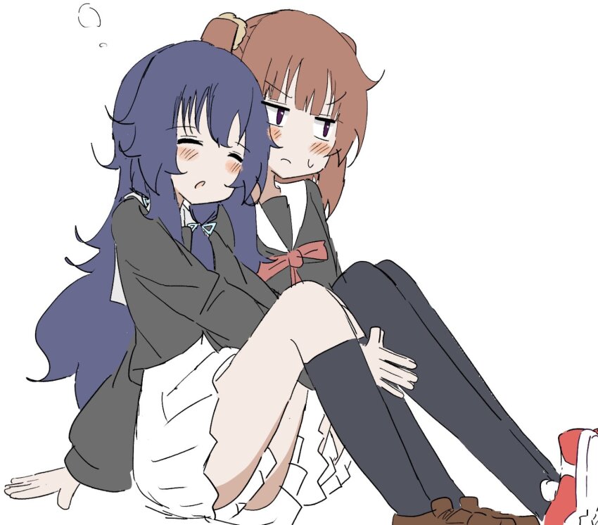 2girls annoyed black_socks black_thighhighs brown_footwear brown_hair chageaska2 closed_eyes dress frown fujinomisaki_school_uniform head_on_another&#039;s_shoulder highres hoshikuzu_telepath kneehighs konohoshi_umika loafers long_hair medium_hair multiple_girls open_mouth pleated_dress purple_hair raimon_matataki red_footwear red_ribbon ribbon school_uniform shoes simple_background sitting sneakers socks thighhighs white_background white_dress yuri