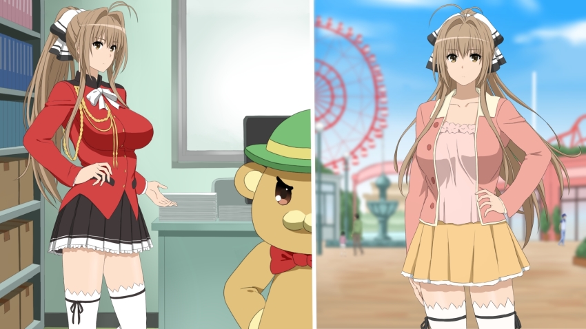 1girl amagi_brilliant_park breasts brown_eyes brown_hair collarbone cottage hair_ribbon highres large_breasts long_hair moffle ribbon sento_isuzu skirt tagme white_legwear