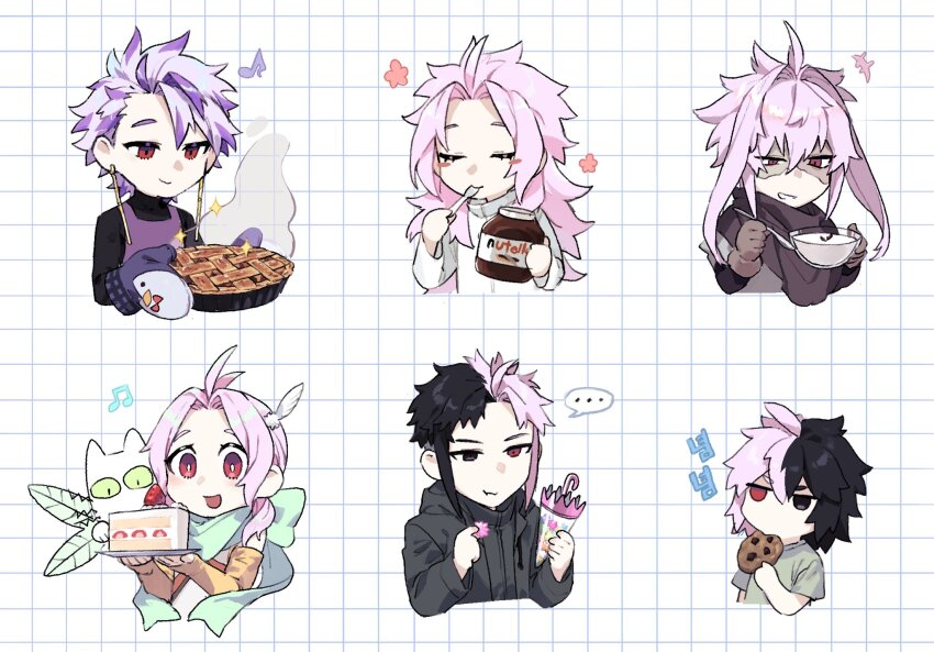 ... 6+boys ahoge apple_pie apron beamed_eighth_notes black_capelet black_eyes black_hair black_jacket black_sweater blush_stickers bowl bright_pupils brown_gloves cake candy capelet chewing chocolate_chip_cookie closed_eyes closed_mouth commentary_request cookie dita_iliner eating eighth_note feather_hair_ornament feathers food gloves godzylla_(saibou_shinkyoku) green_shirt grey_shirt hair_between_eyes hair_intakes hair_ornament happy_aura hatsutori_hajime heterochromia high_collar highres holding holding_bowl holding_food holding_spoon hunyangzi jacket jitome konpeitou korean_commentary korean_text long_hair long_sleeves male_focus multicolored_hair multiple_boys musical_note mutsushika_misumi nanami_izu nijou_ryuu nutella open_clothes open_jacket oven_mitts parted_bangs patchwork_skin pie pink_hair purple_apron purple_hair red_eyes saibou_shinkyoku shirt short_hair short_hair_with_long_locks smile sparkle split-color_hair spoken_ellipsis spoon steaming_food strawberry_shortcake sweater t-shirt theodore_riddle translation_request turtleneck turtleneck_sweater two-tone_hair uneven_eyes white_pupils white_shirt yogurt