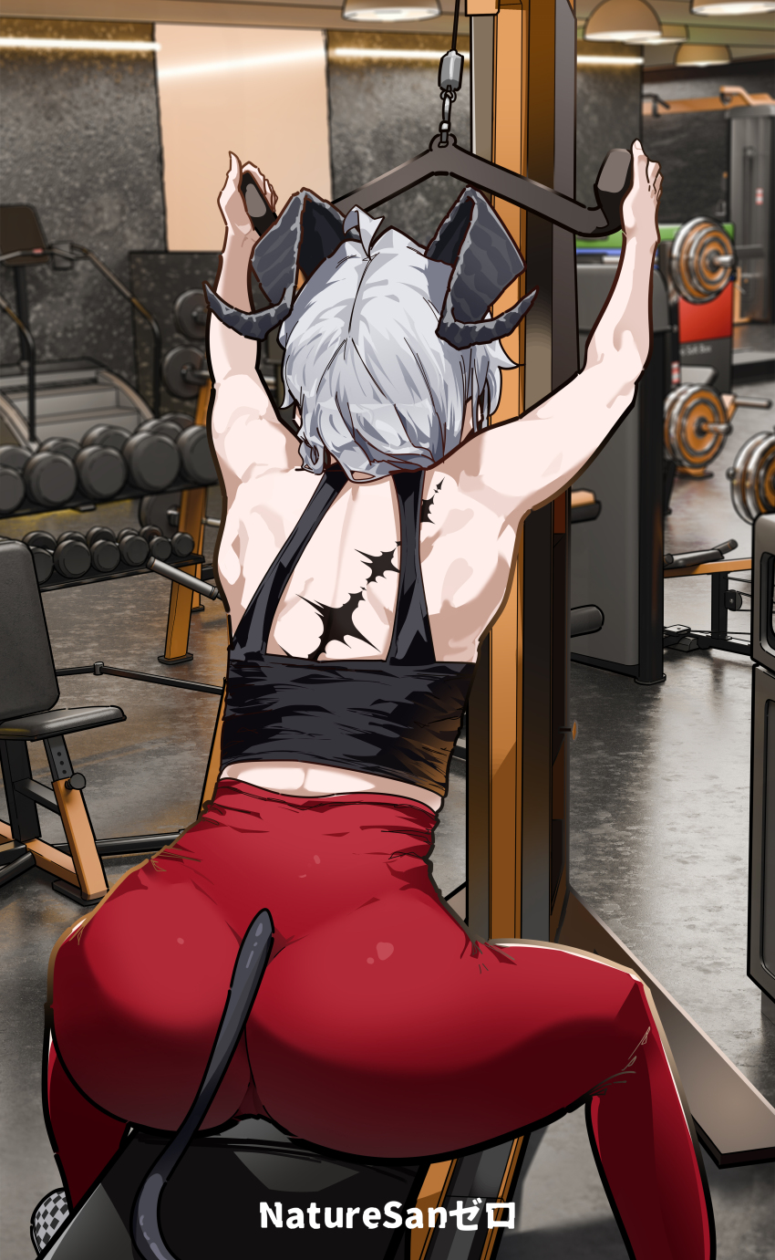 1girl absurdres ahoge alternate_costume arms_up artist_name ass bare_shoulders black_horns black_shirt black_tail commentary curled_horns demon_tail dumbbell english_commentary exercise_machine exercising from_behind grey_hair gym highres horns indoors long_hair median_furrow pants red_pants ryeon_(naturesan) shirt solo tacet_mark_(wuthering_waves) tail toned toned_female wuthering_waves yoga_pants zani_(wuthering_waves)
