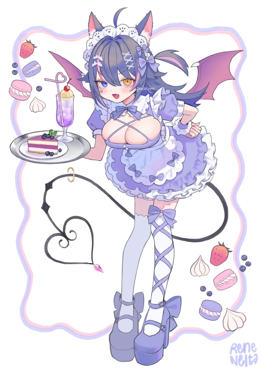 1girl :d ahoge animal_ear_fluff animal_ears ankle_bow ankle_ribbon artist_name bendy_straw blue_eyes blueberry bow breast_focus breasts cleavage commentary commission dessert dress drink drinking_straw fang food frilled_dress frills fruit full_body garnish glass hair_bow hand_on_own_hip heart heterochromia hexagram highres holding holding_tray large_breasts layered_dress leaning_forward leg_ribbon long_hair looking_at_viewer macaron maid maid_headdress mole mole_on_breast nelta_rene open_mouth original pie plate platform_shoes puffy_short_sleeves puffy_sleeves ribbon shoes short_dress short_sleeves skeb_commission smile solo standing strawberry sweets tail thighhighs tray twitter_username whipped_cream wings yellow_eyes