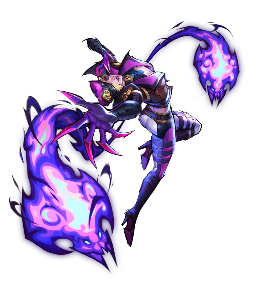 1girl arm_up ass bandaged_arm bandages belt bent_over_backwards black_belt black_boots blonde_hair blue_eyes boots breasts brown_jacket cleavage cleavage_cutout clothing_cutout collared_shirt evelynn_(league_of_legends) eyeshadow from_behind full_body hair_over_one_eye hat high_heel_boots high_heels highres jacket league_of_legends looking_at_viewer looking_back makeup medium_breasts official_alternate_costume official_alternate_hairstyle official_art pants pink_hat purple_eyeshadow purple_lips reaching reaching_towards_viewer shirt short_hair simple_background smile solo soul_fighter_(league_of_legends) soul_fighter_evelynn transparent_background white_pants