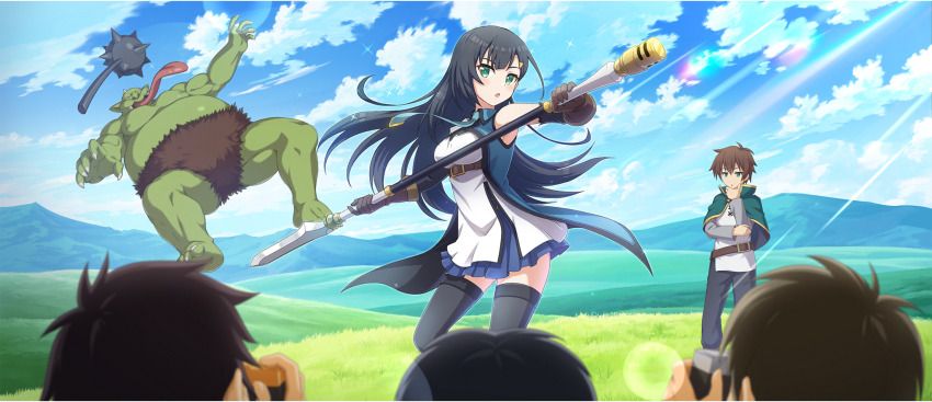 1girl 1other 4boys armor armpits bare_shoulders belt belt_around_waist black_hair black_sleeves black_thighhighs blue_necktie blue_skirt breasts brown_belt brown_gloves detached_sleeves game_cg gloves goblin green_eyes hair_ornament hairclip highres holding holding_polearm holding_weapon kono_subarashii_sekai_ni_shukufuku_wo! konosuba!_fantastic_days lia_(konosuba) light_blush long_hair medium_breasts multiple_boys necktie official_art outdoors polearm satou_kazuma shirt shoulder_armor single_shoulder_pad skirt sleeveless sleeveless_shirt solo_focus spear thighhighs weapon white_shirt zettai_ryouiki